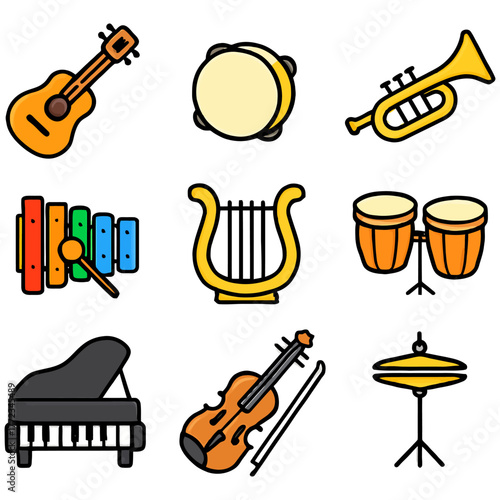 Colorful musical instruments set including guitar and trumpet.