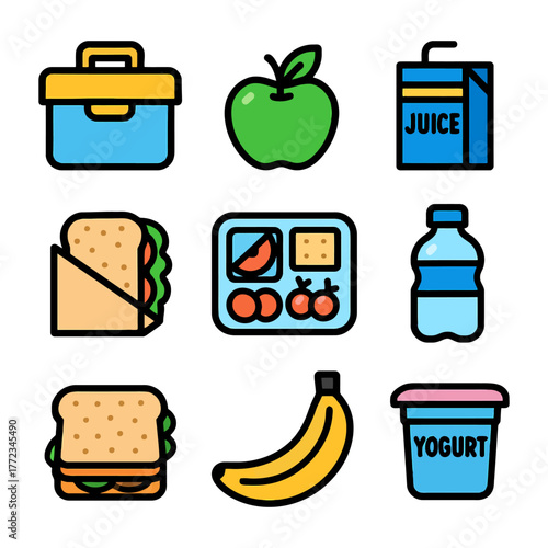 Colorful lunchbox items including sandwich, apple, juice, and yogurt icons.