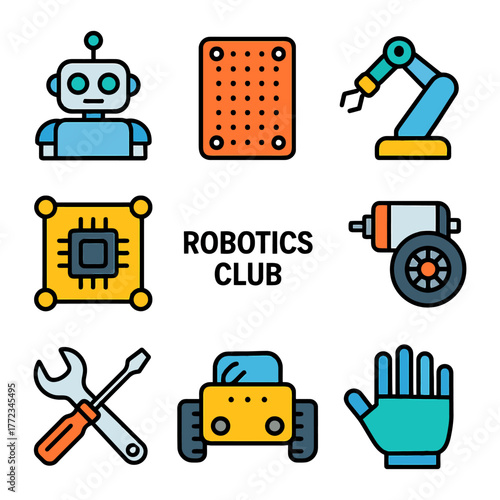 Robotics club icons: robot, circuit, robotic arm, chip, motor, tools, robot vehicle, hand.