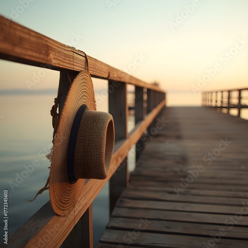 Summer’s Echo, Faded Straw Hat Hanging on an Empty Pier at Sunset, Warm Golden Light and Calm Sea, Nostalgic and Minimal Seaside Scene