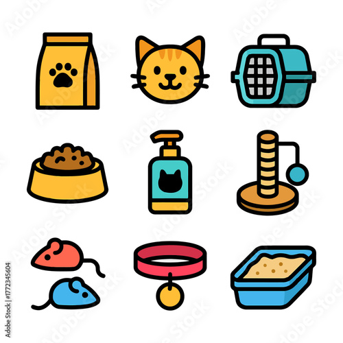 Colorful icons of cat accessories: food, carrier, toys, litter box, collar.