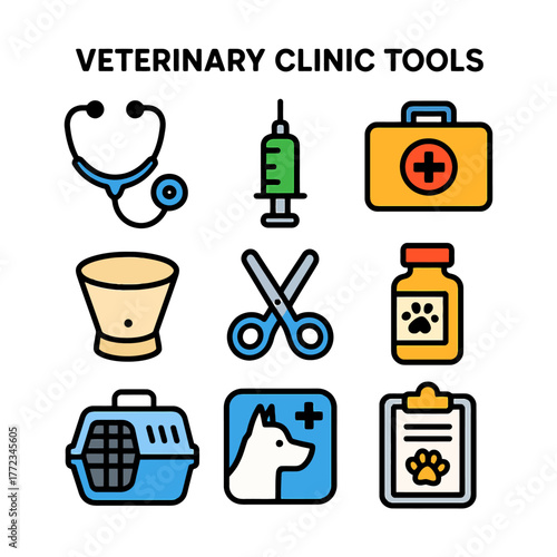 Veterinary clinic tools and equipment icons for animal care.