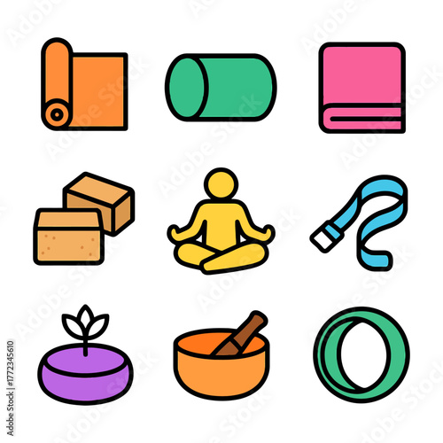 Yoga equipment icons: mat, blocks, meditation figure, strap, bowl, wheel.