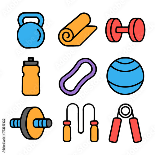Colorful fitness icons: weights, yoga mat, exercise ball and more.