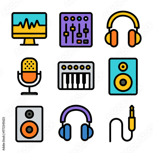 Set of colorful music icons featuring recording equipment and headphones.