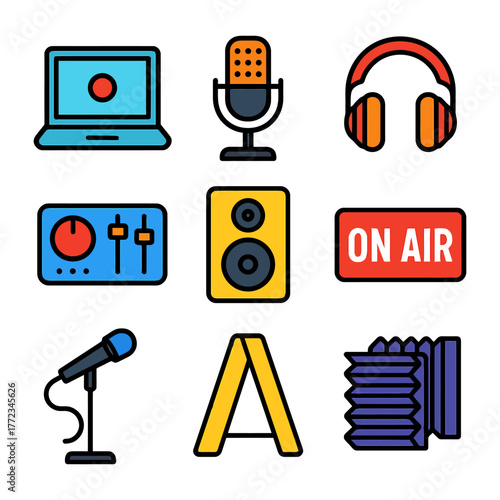 Colorful podcast equipment icons including microphones, headphones, and audio controls.