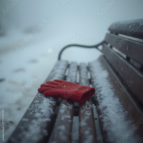Winter’s Memory, Forgotten Red Glove on a Snow-Covered Bench in a Quiet Park, Misty Morning Light, Emotional and Minimalist Winter Scene
