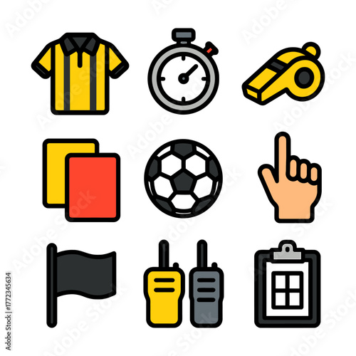 Soccer referee tools: shirt, stopwatch, whistle, cards, ball, hand, flag, radios, clipboard.