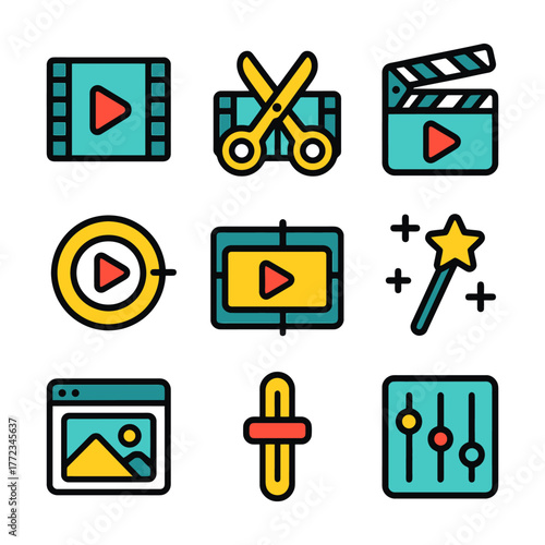 Colorful video editing icons: clapperboard, scissors, magic wand, and more.