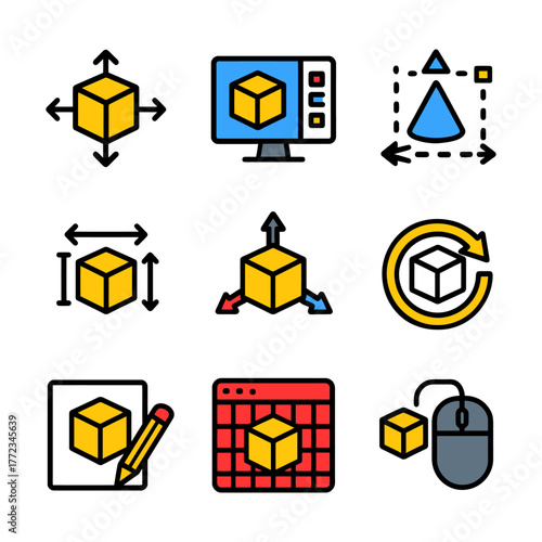 Colorful 3d design icons: cube, computer, shapes, mouse, arrows, grid.
