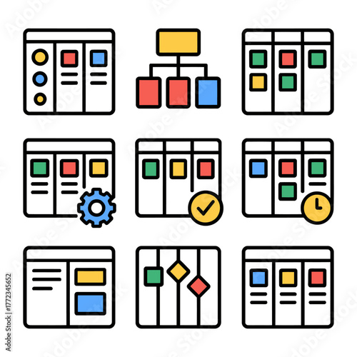 Set of colorful workflow and project management icons on white background.
