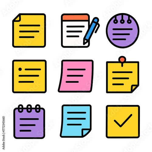 Colorful note icons collection with memo pads and checklists.