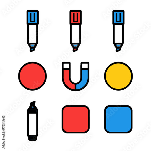 Colorful markers and shapes pattern with magnet in red, blue, yellow.