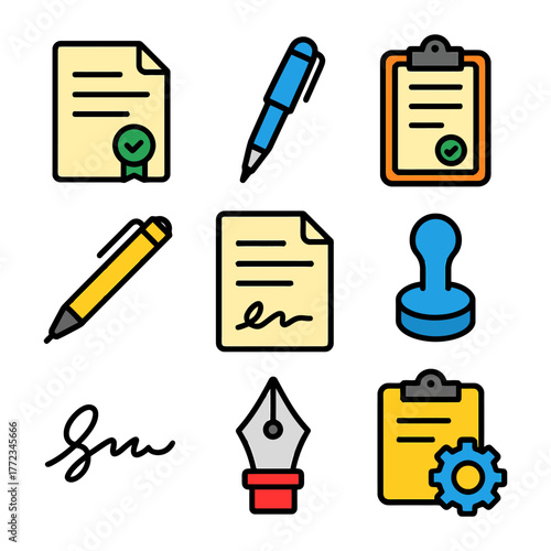 Set of office supplies and stationery icons: pens, documents, clipboard, stamp, signature.