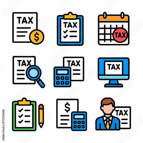 Tax document icons: forms, calendar, calculator, computer, magnifying glass.