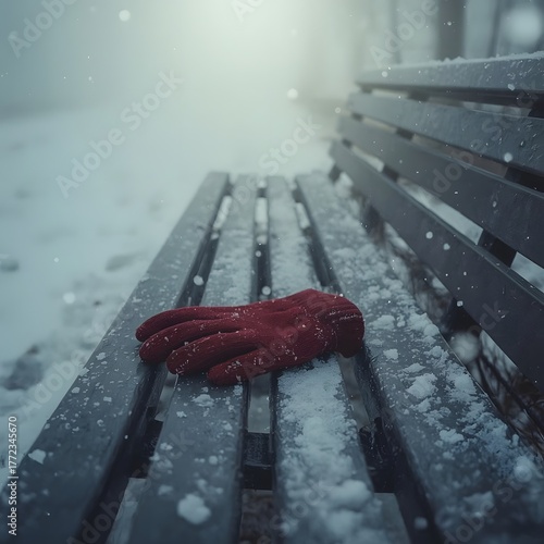Winter’s Memory, Forgotten Red Glove on a Snow-Covered Bench in a Quiet Park, Misty Morning Light, Emotional and Minimalist Winter Scene
