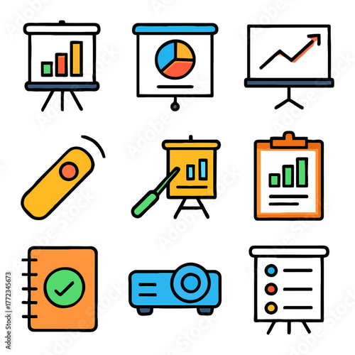 Colorful business presentation elements set with charts and projectors.