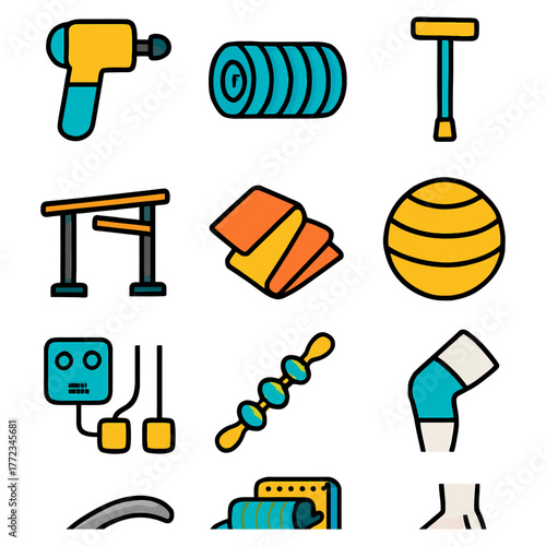 Colorful fitness and exercise icons set: dumbbell, yoga mat, pilates ball, skipping rope, barbell.