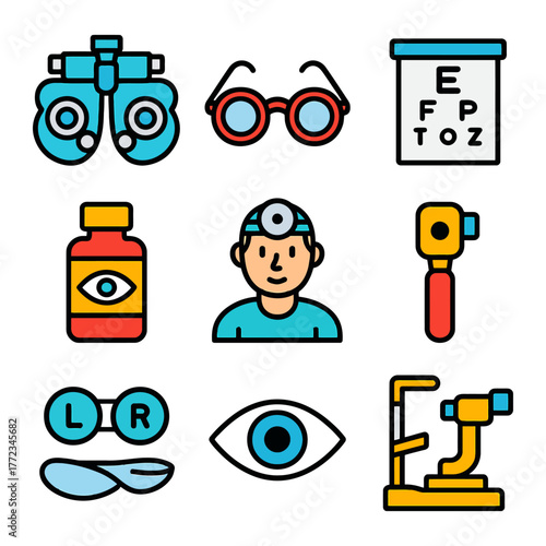 Optometry icons: eye exam, glasses, contact lenses, and ophthalmologist.