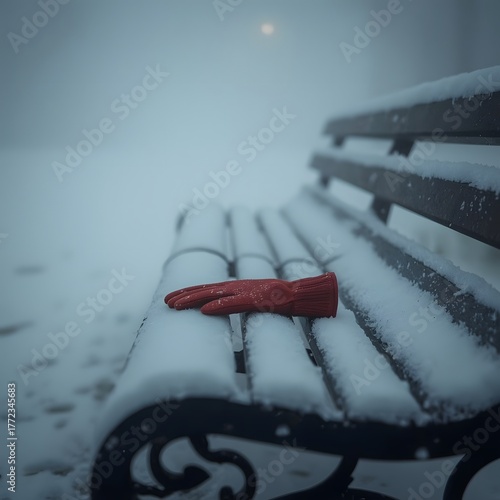 Winter’s Memory, Forgotten Red Glove on a Snow-Covered Bench in a Quiet Park, Misty Morning Light, Emotional and Minimalist Winter Scene
