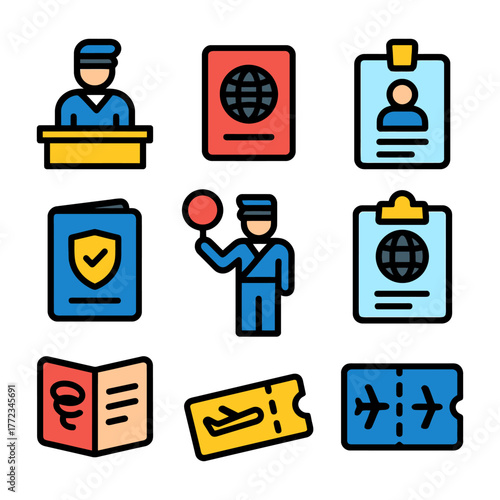 Airport security and travel document icons with people and passports.
