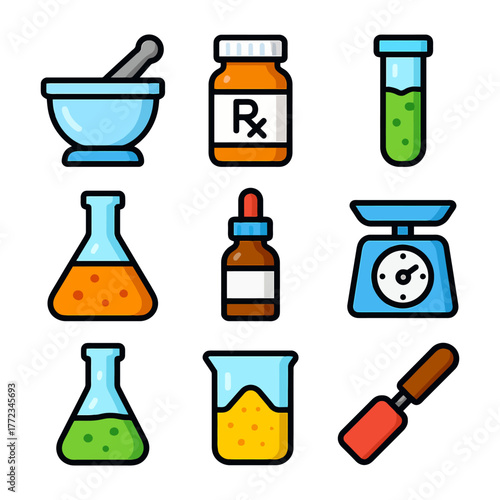 Colorful icons of laboratory equipment including beaker and flask.