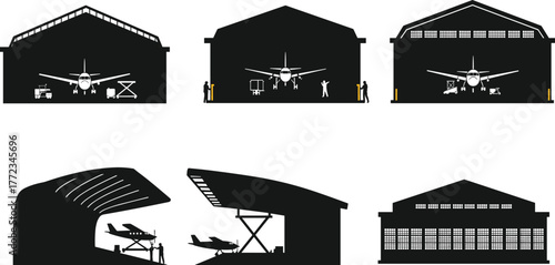 Airplane hangar silhouettes, aviation facility, aircraft maintenance, black and white design, airport architecture, pilot activity, hangar structure, flight operations