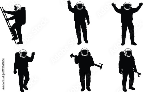 Astronaut silhouettes, space exploration poses, black and white design, helmet and suit, cosmic activity, spacewalk gestures, astronaut tools, graphic art