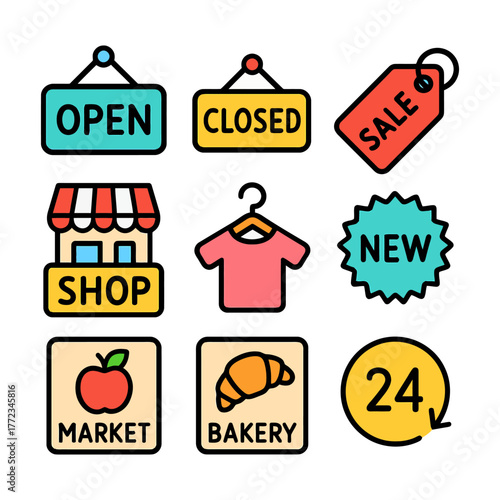 Colorful retail icons: open, closed, sale, new, shop, and bakery signs.