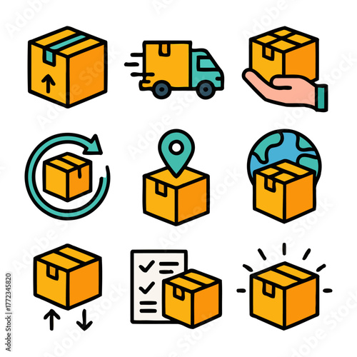 Colorful package delivery and logistics icons with boxes and global shipping.