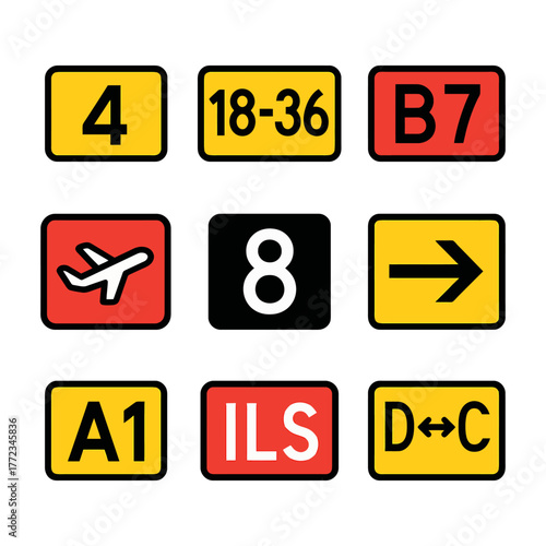 Airport signage icons: runways, gates, ils, and directional symbols.