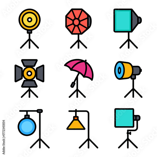 Collection of colorful studio lighting equipment icons on tripods.