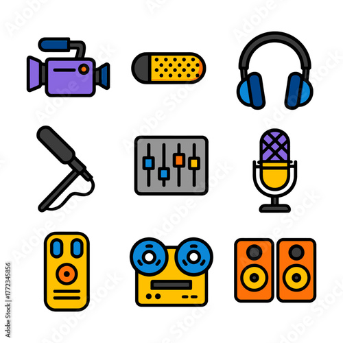 Colorful audio and video equipment icons on white background.