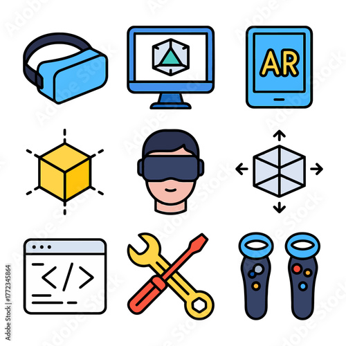 Virtual and augmented reality elements with ar, vr headset, and 3d tools.