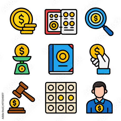 Collection of coin-related icons with currency, analysis, and management themes.