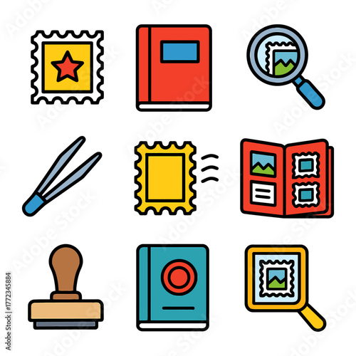 Colorful stamp collection icons including magnifying glass and tweezers.