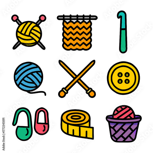 Colorful knitting and crochet tools collection: yarn, needles, hook, button, tape.