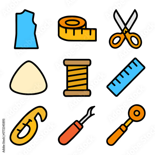 Colorful sewing tools collection: scissors, measuring tape, thread spool, ruler, seam ripper.