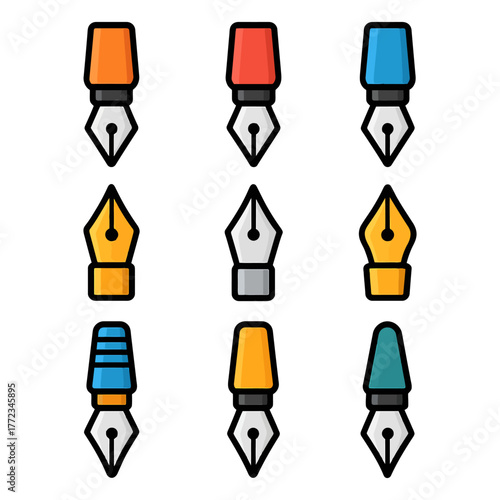 Collection of nine colorful pen nib icons in various designs.