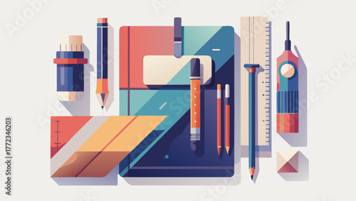 Vector illustration of a stationery set including pen, pencil, ruler, notebook, eraser, and paper clip arranged neatly on a clean white background