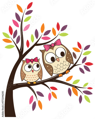Cute Owl Family Sitting on Tree Branch – Cartoon Woodland Animals Illustration for Kids and Nursery Decor