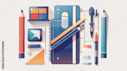 Vector illustration of a stationery set including pen, pencil, ruler, notebook, eraser, and paper clip arranged neatly on a clean white background