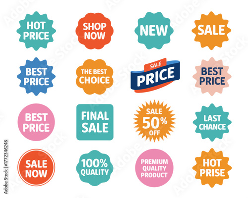 Collection of colorful sale stickers and badges with promotional messages for marketing and offers