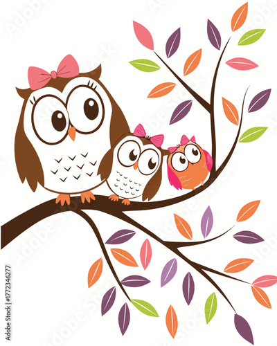 Cute Owl Family Sitting on Tree Branch – Cartoon Woodland Animals Illustration for Kids and Nursery Decor