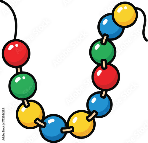 Colorful Beaded Necklace with Red Blue Yellow and Green Beads on Black String Isolated