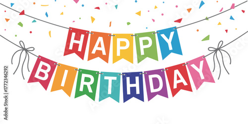 Happy birthday banner with colorful pennants and confetti hanging from a string for a festive celebration
