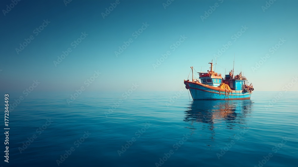 Fototapeta premium Fishing vessel floats calmly upon expansive deep blue ocean water under a bright sky