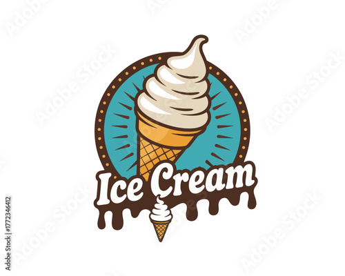 Illustration of a vanilla ice cream cone with dripping chocolate and a circular background design element