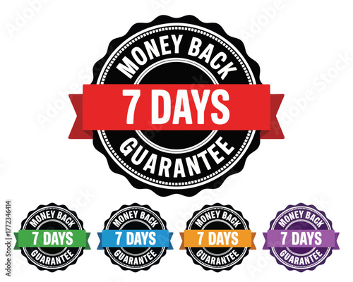 Illustration of five money back guarantee badges with 7 days on them in different colors and styles