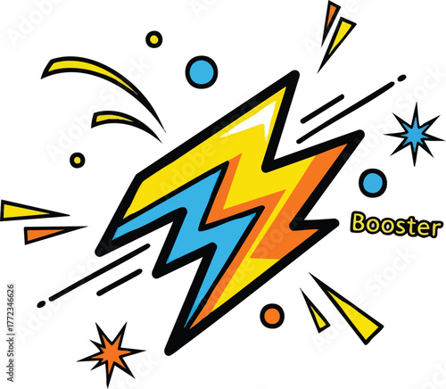 Explosion Bolt Shape With Booster Text And Rays On White Background